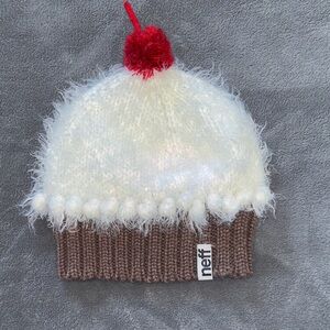Neff Kids Cupcake fuzzy fluffy Beanie - White, Brown, and Red hat